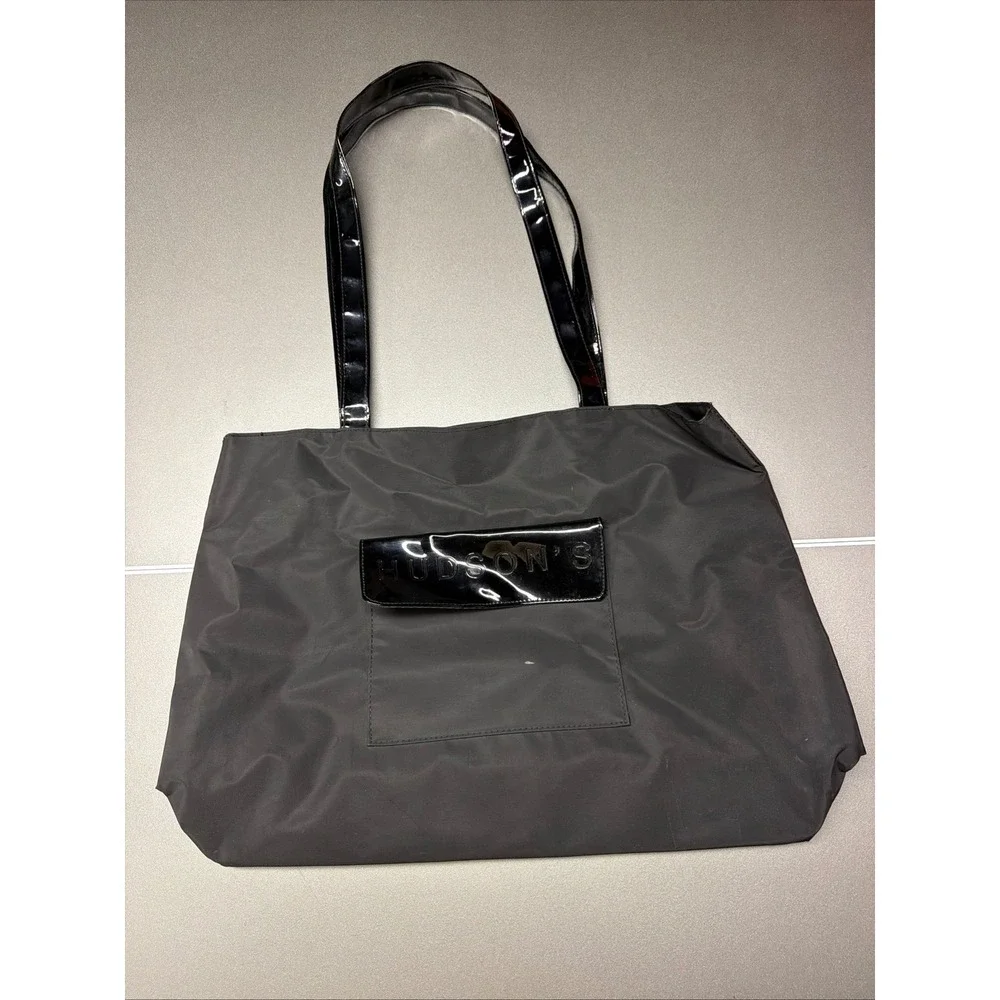 Hudson's Black Nylon Tote Bag Patent Trim Logo Shoulder Bag Large
